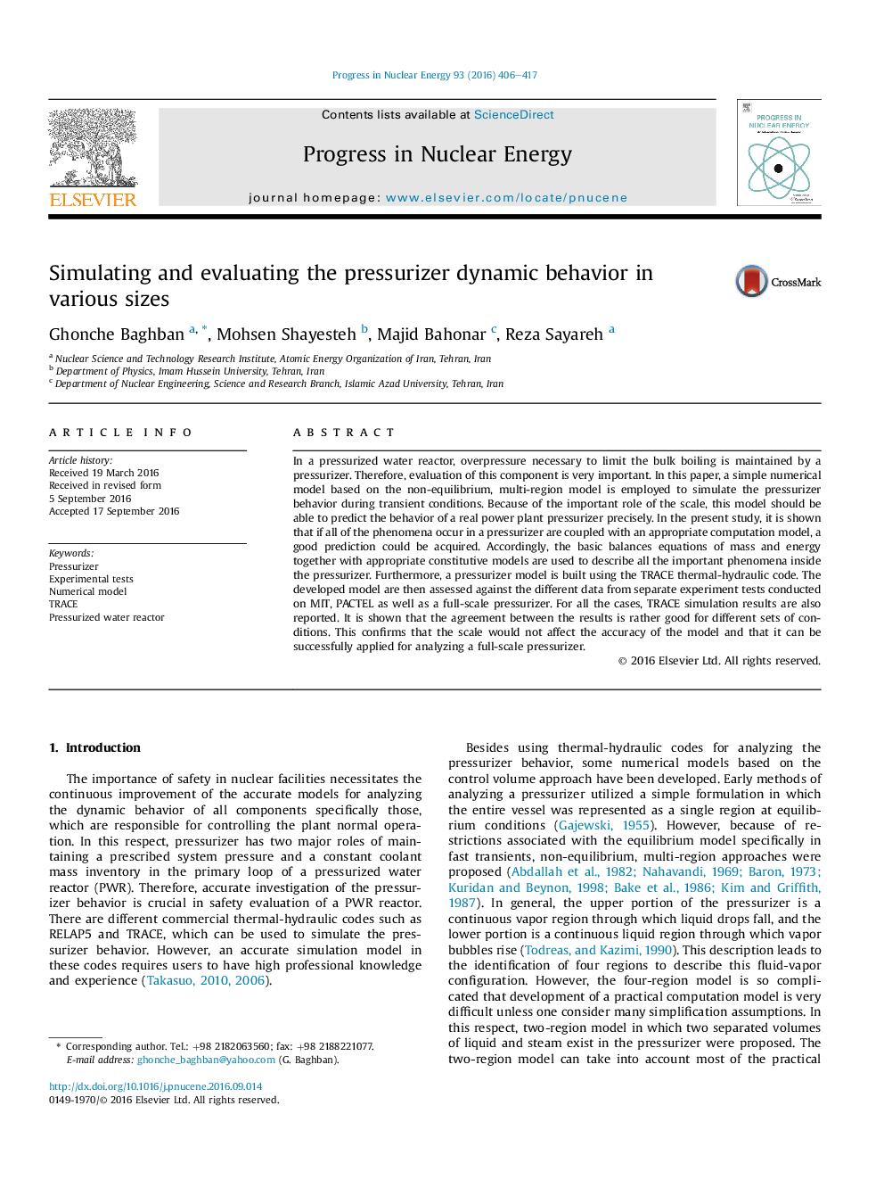 Simulating and evaluating the pressurizer dynamic behavior in various sizes