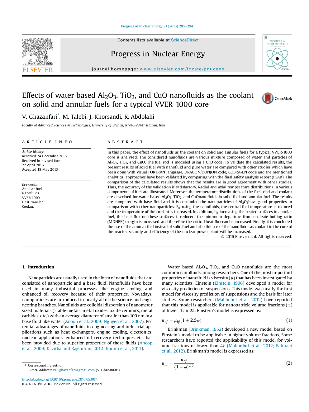 Effects of water based Al2O3, TiO2, and CuO nanofluids as the coolant on solid and annular fuels for a typical VVER-1000 core