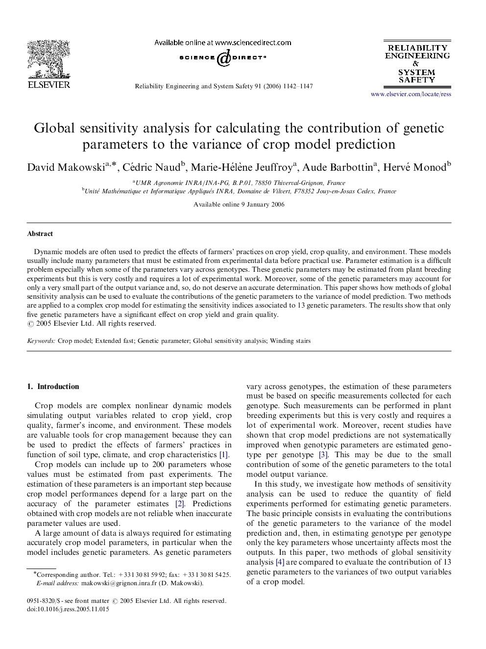 Global sensitivity analysis for calculating the contribution of genetic parameters to the variance of crop model prediction