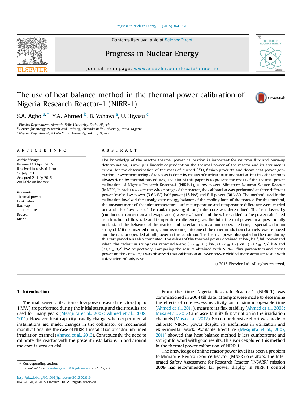 The use of heat balance method in the thermal power calibration of Nigeria Research Reactor-1 (NIRR-1)