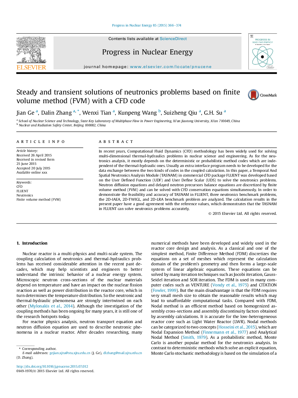 Steady and transient solutions of neutronics problems based on finite volume method (FVM) with a CFD code