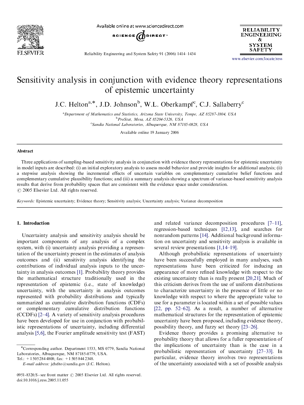 Sensitivity analysis in conjunction with evidence theory representations of epistemic uncertainty