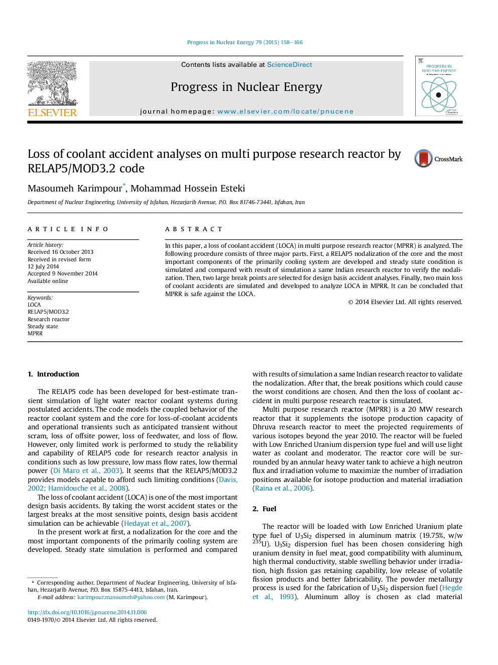 عکس صفحه اول مقاله: Loss of coolant accident analyses on multi purpose research reactor by RELAP5/MOD3.2 code Loss of coolant accident analyses on multi purpose research reactor by RELAP5/MOD3.2 code