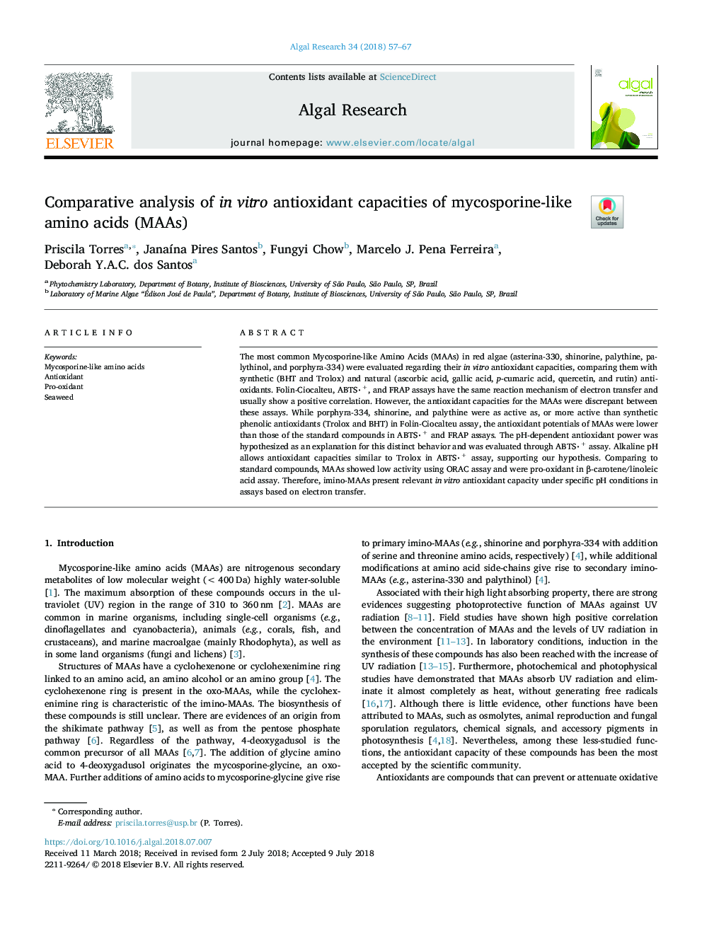 Comparative analysis of in vitro antioxidant capacities of mycosporine-like amino acids (MAAs)