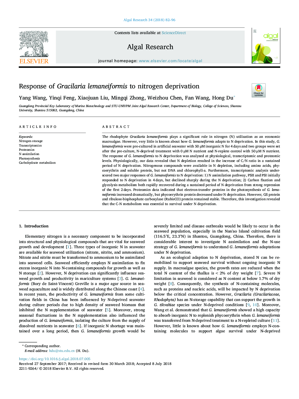 Response of Gracilaria lemaneiformis to nitrogen deprivation