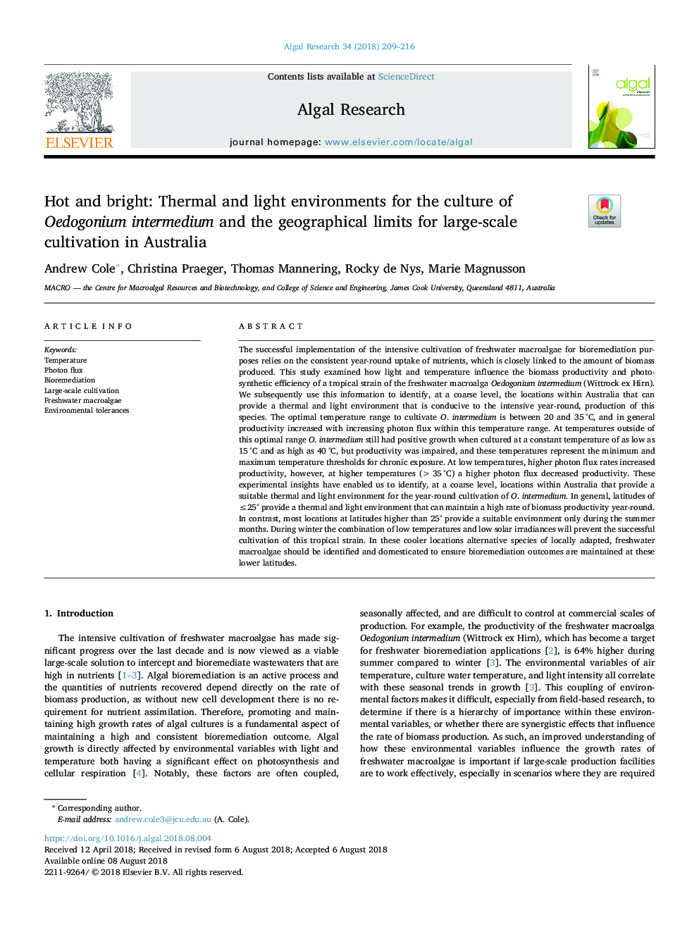 Hot and bright: Thermal and light environments for the culture of Oedogonium intermedium and the geographical limits for large-scale cultivation in Australia