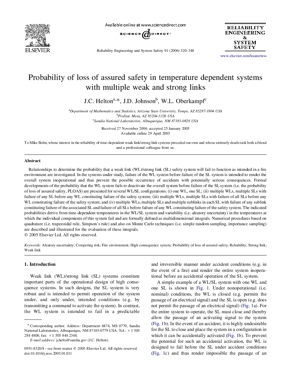 Probability of loss of assured safety in temperature dependent systems with multiple weak and strong links