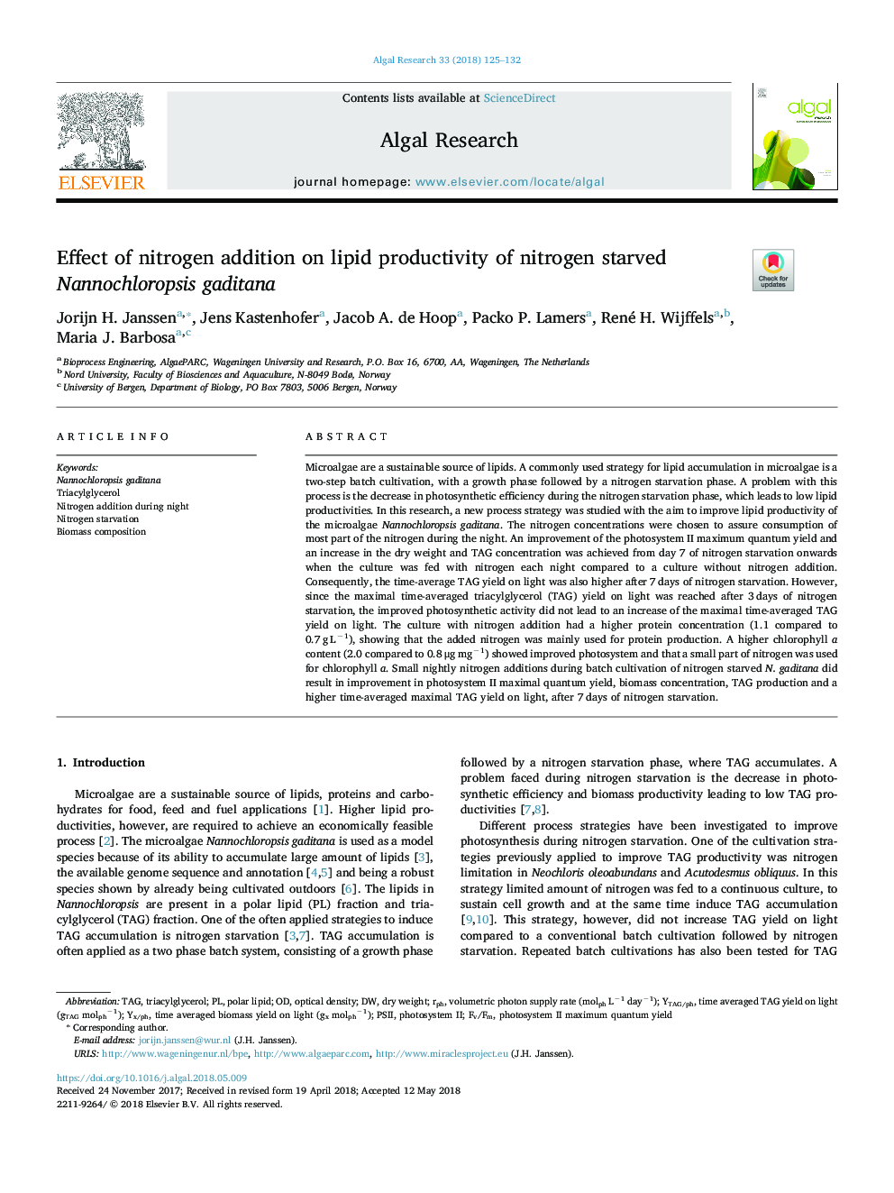 Effect of nitrogen addition on lipid productivity of nitrogen starved Nannochloropsis gaditana