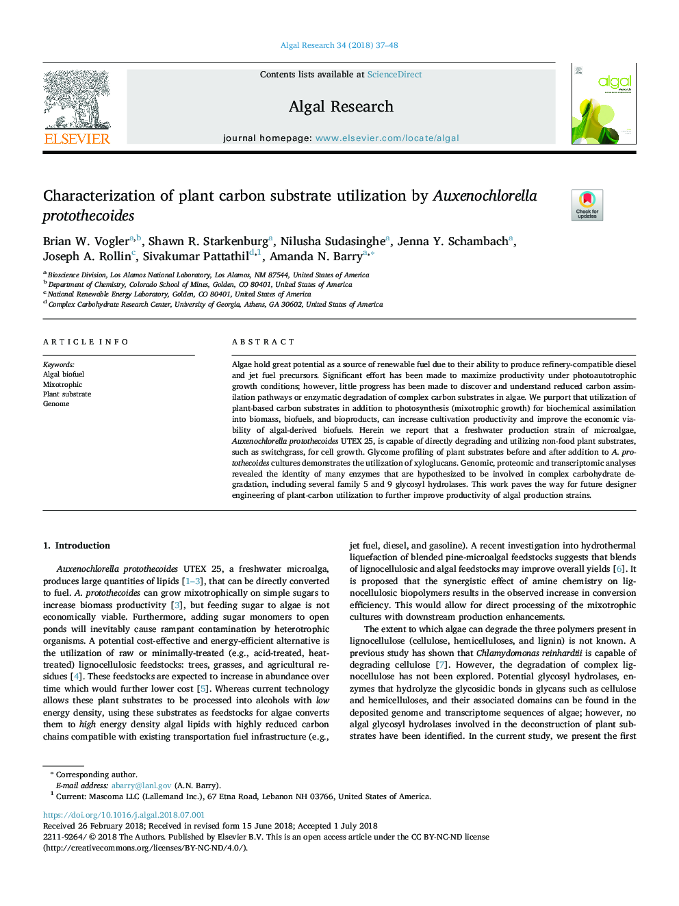 Characterization of plant carbon substrate utilization by Auxenochlorella protothecoides