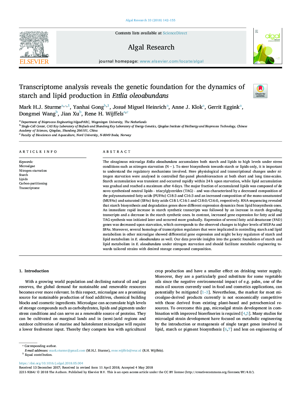 Transcriptome analysis reveals the genetic foundation for the dynamics of starch and lipid production in Ettlia oleoabundans