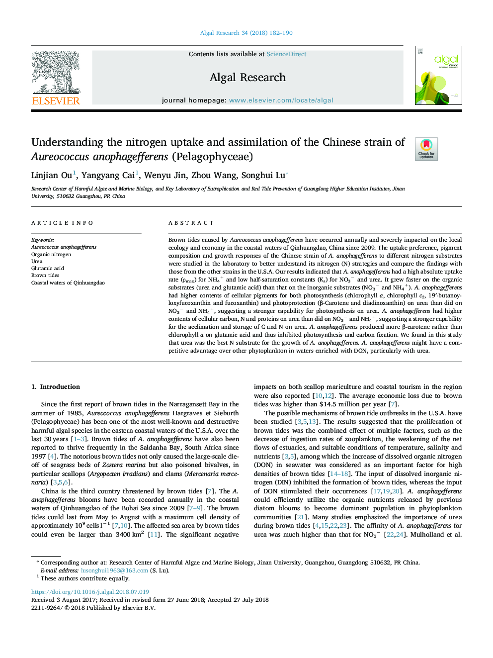 Understanding the nitrogen uptake and assimilation of the Chinese strain of Aureococcus anophagefferens (Pelagophyceae)