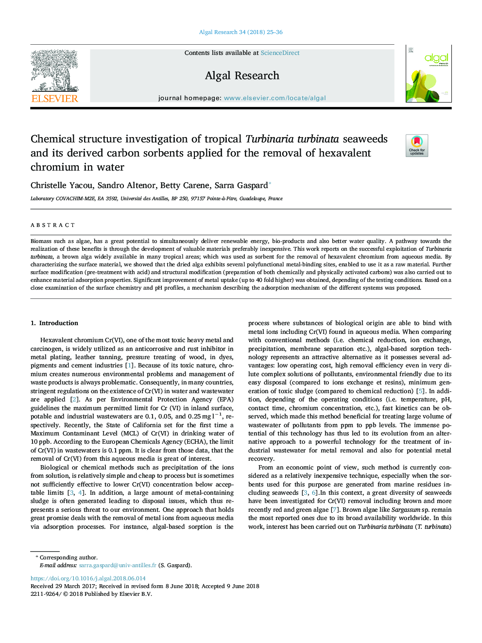 Chemical structure investigation of tropical Turbinaria turbinata seaweeds and its derived carbon sorbents applied for the removal of hexavalent chromium in water