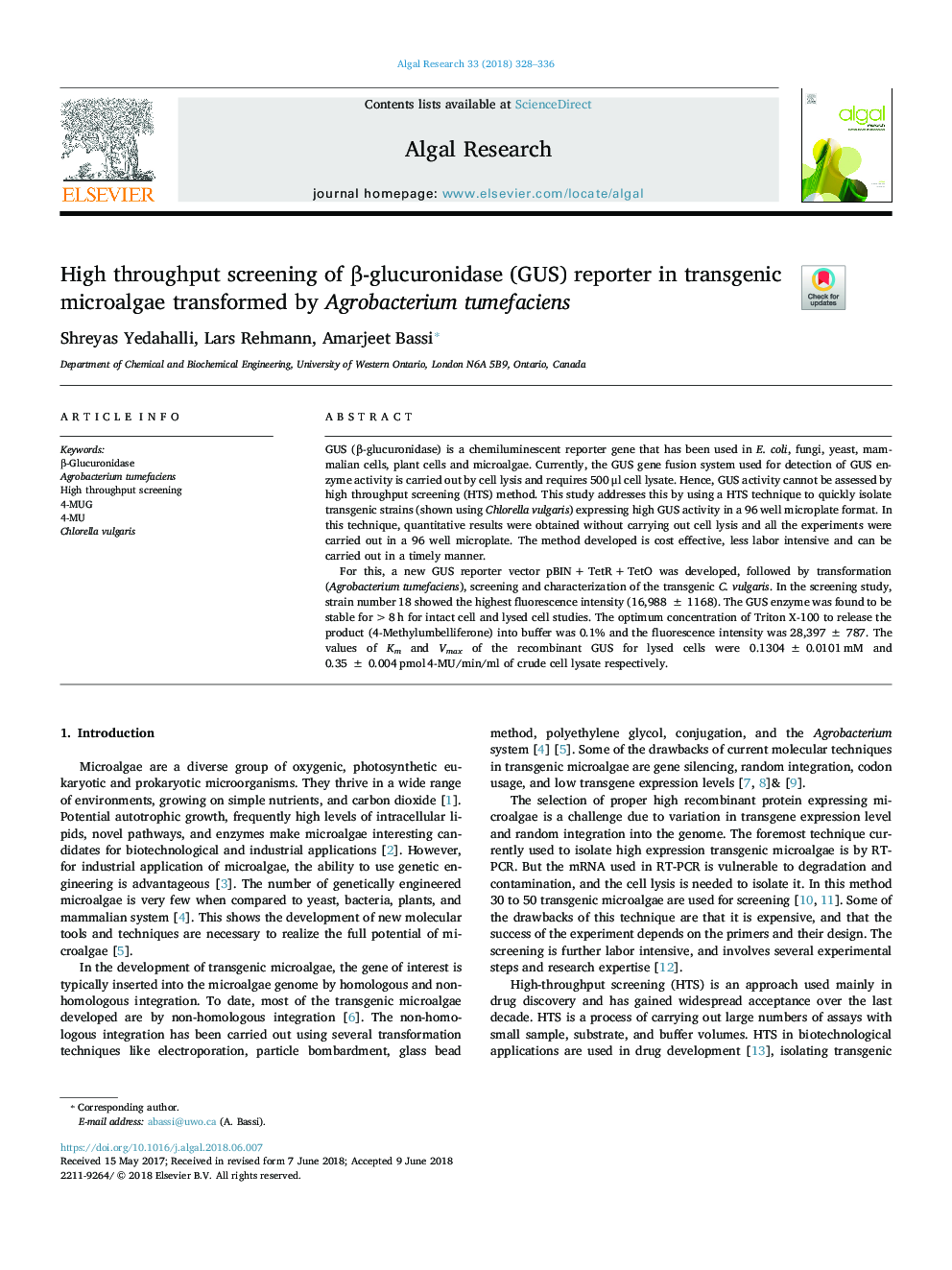 High throughput screening of Î²-glucuronidase (GUS) reporter in transgenic microalgae transformed by Agrobacterium tumefaciens