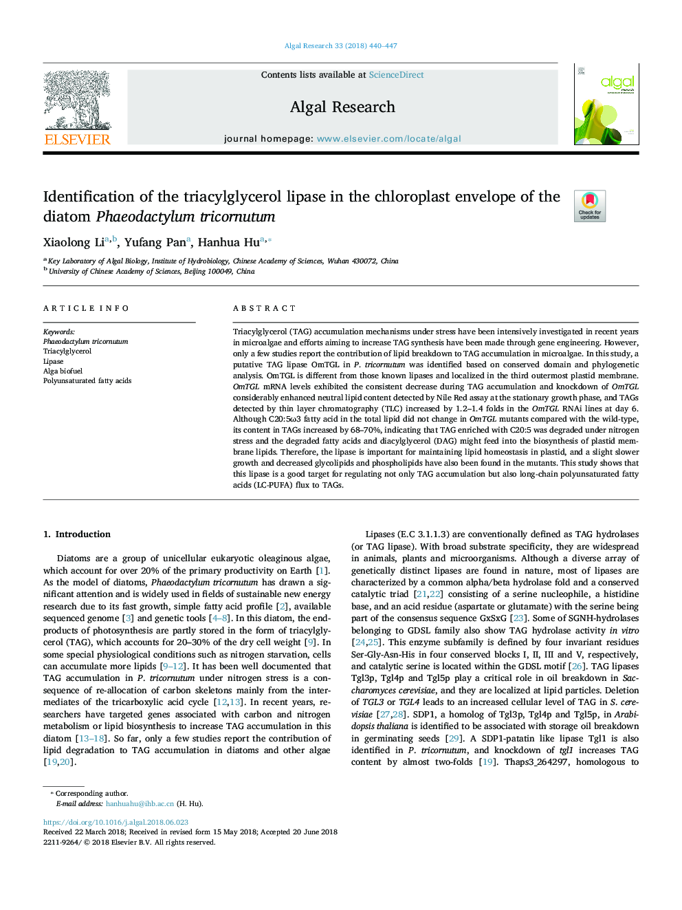 Identification of the triacylglycerol lipase in the chloroplast envelope of the diatom Phaeodactylum tricornutum