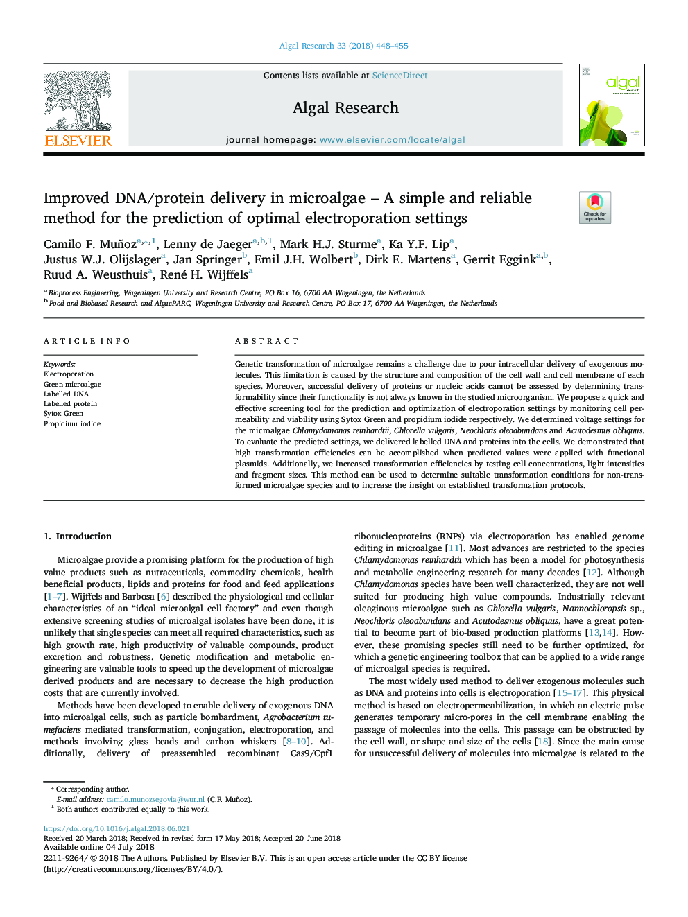 Improved DNA/protein delivery in microalgae - A simple and reliable method for the prediction of optimal electroporation settings