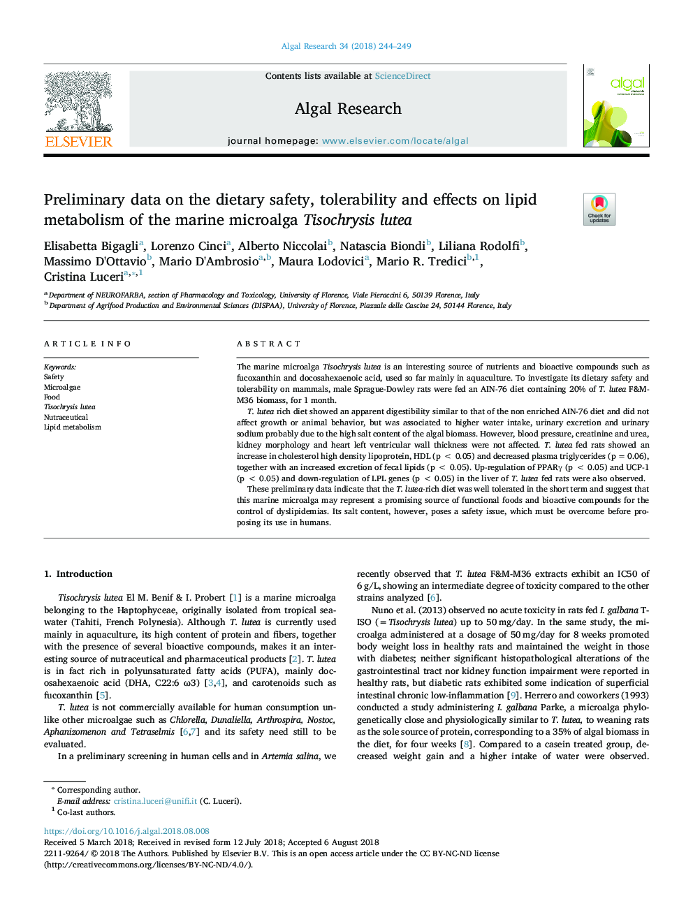 Preliminary data on the dietary safety, tolerability and effects on lipid metabolism of the marine microalga Tisochrysis lutea