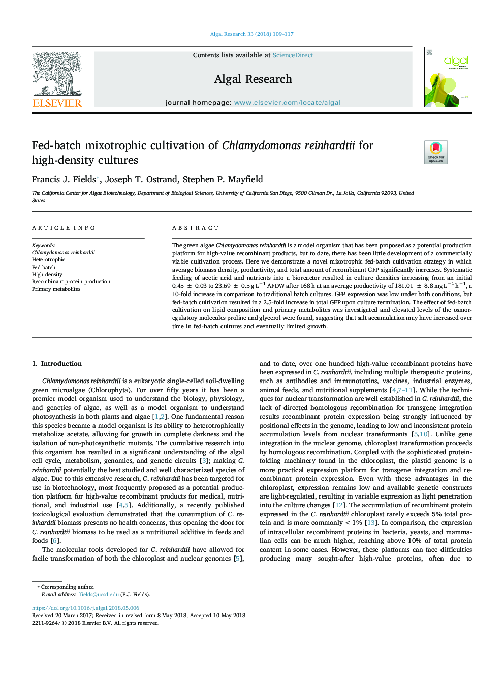 Fed-batch mixotrophic cultivation of Chlamydomonas reinhardtii for high-density cultures