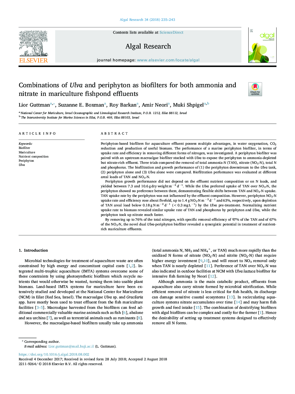 Combinations of Ulva and periphyton as biofilters for both ammonia and nitrate in mariculture fishpond effluents