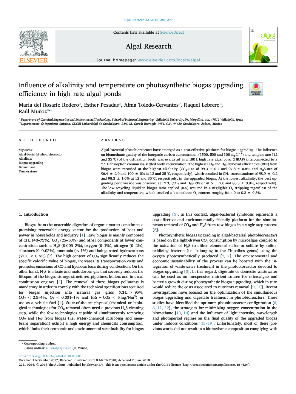 Influence of alkalinity and temperature on photosynthetic biogas upgrading efficiency in high rate algal ponds