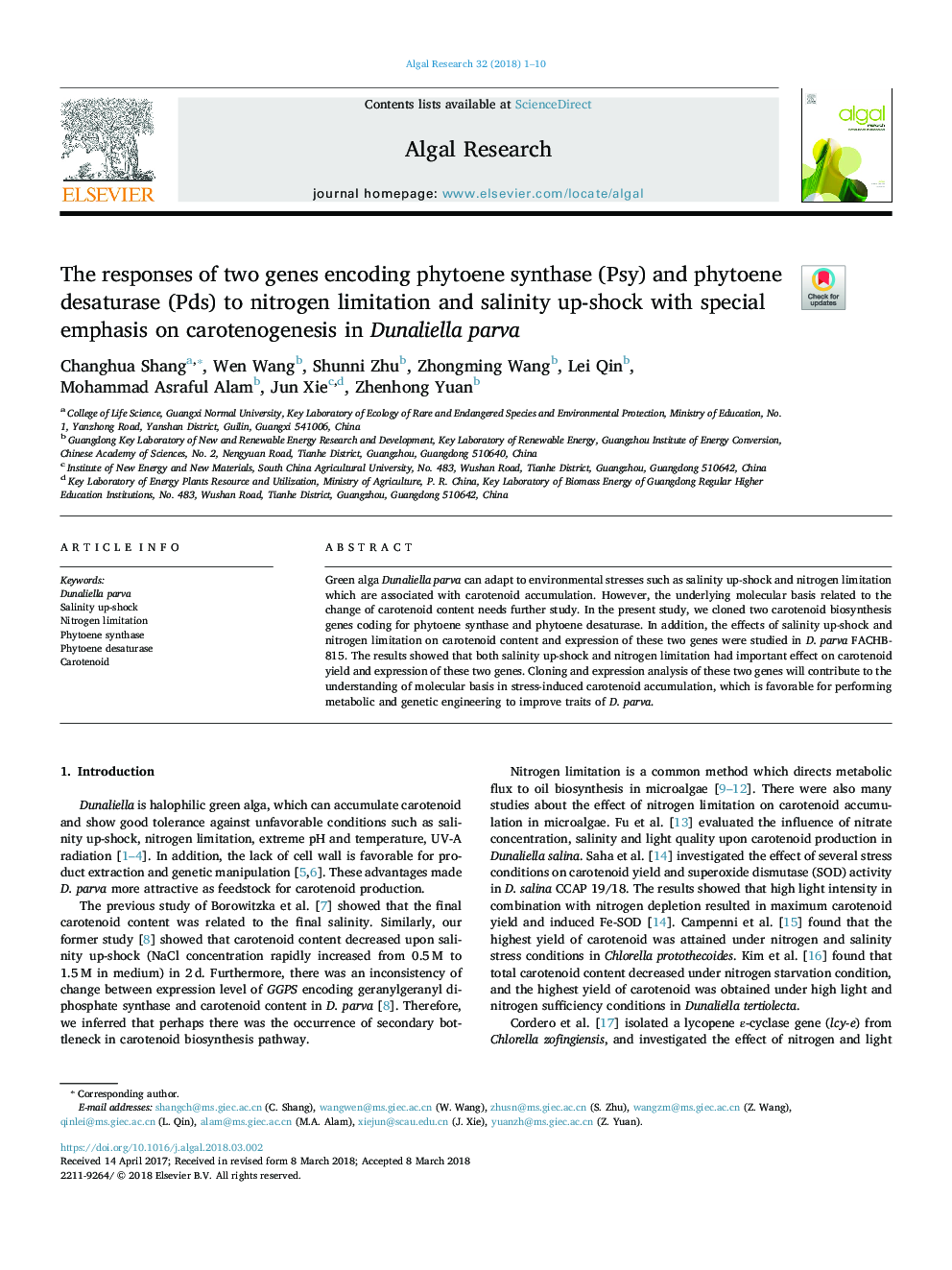 The responses of two genes encoding phytoene synthase (Psy) and phytoene desaturase (Pds) to nitrogen limitation and salinity up-shock with special emphasis on carotenogenesis in Dunaliella parva