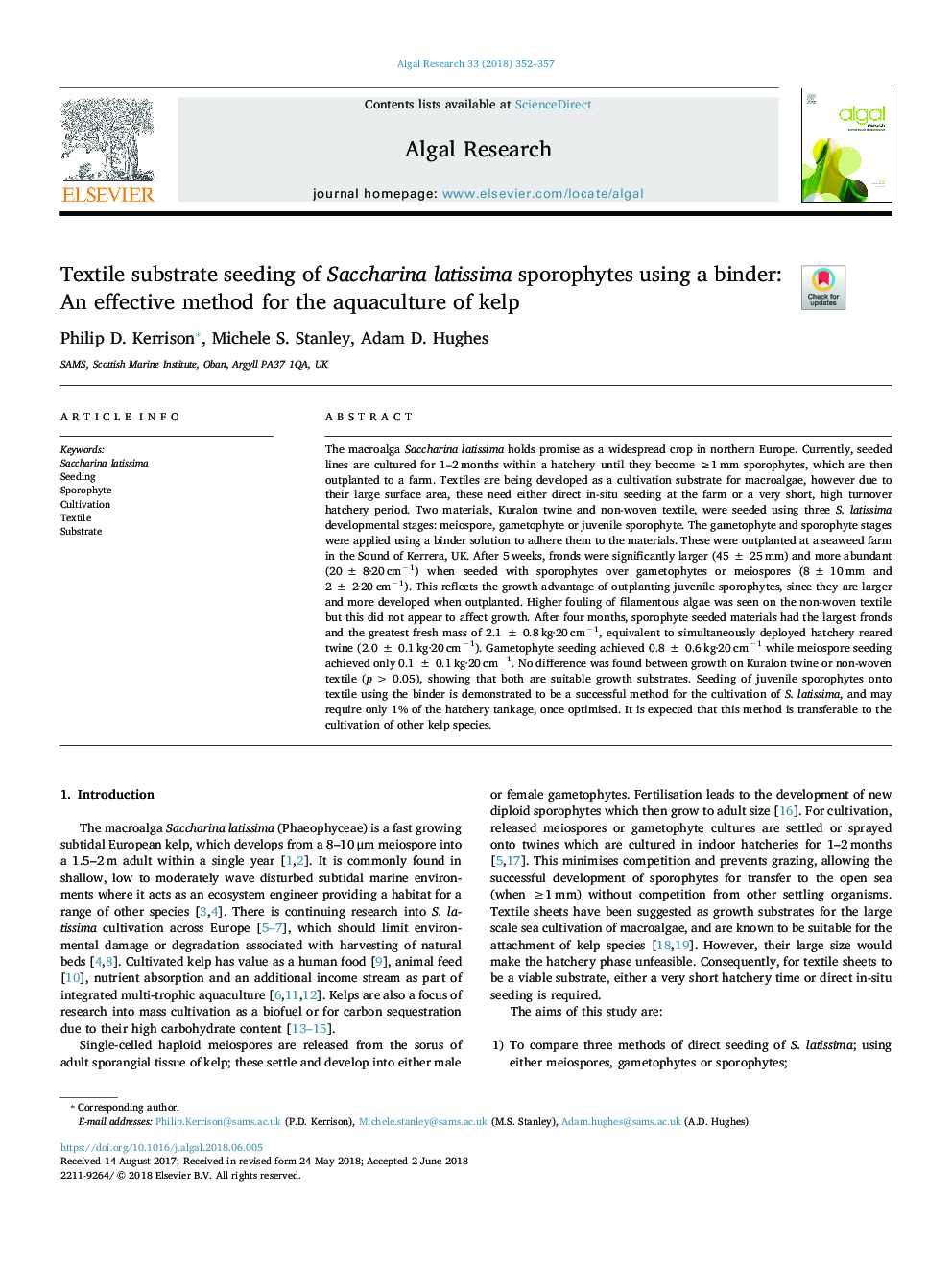 Textile substrate seeding of Saccharina latissima sporophytes using a binder: An effective method for the aquaculture of kelp