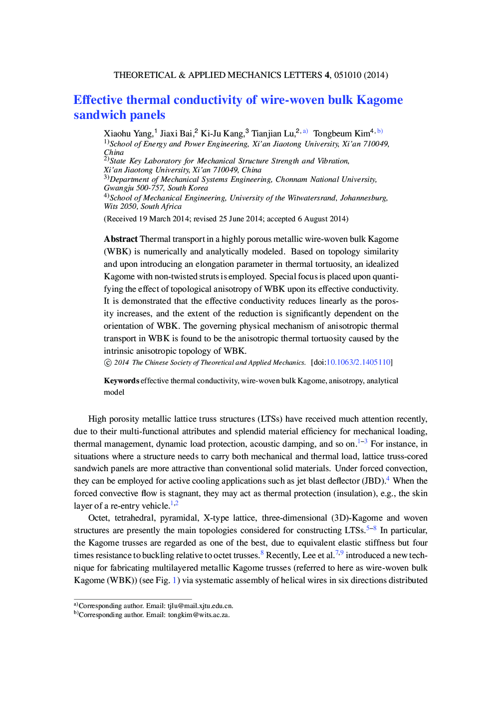 Effective thermal conductivity of wire-woven bulk Kagome sandwich panels