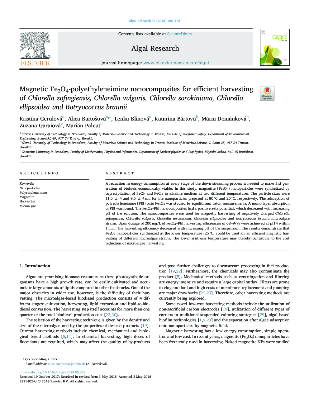 Magnetic Fe3O4-polyethyleneimine nanocomposites for efficient harvesting of Chlorella zofingiensis, Chlorella vulgaris, Chlorella sorokiniana, Chlorella ellipsoidea and Botryococcus braunii