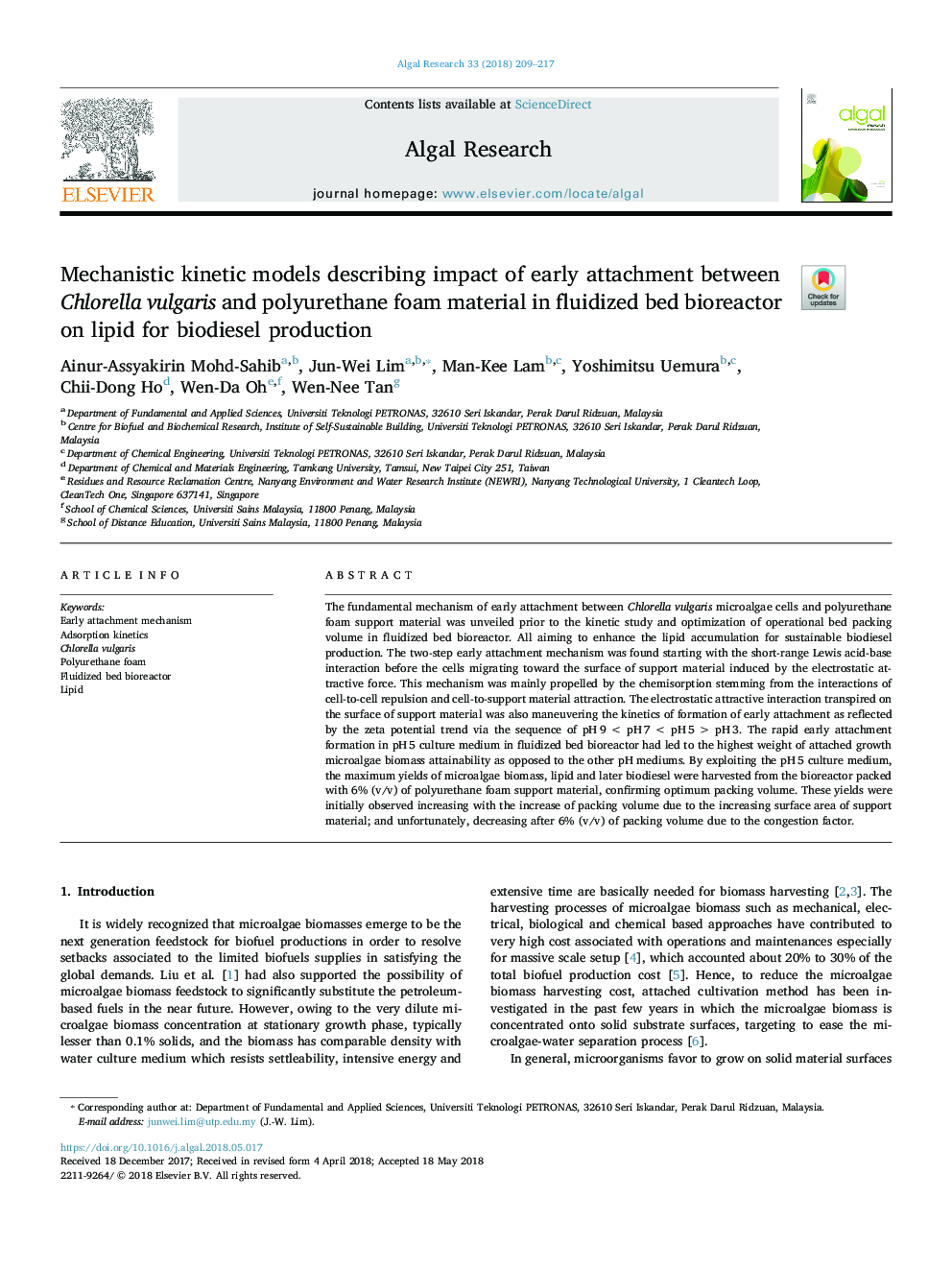 Mechanistic kinetic models describing impact of early attachment between Chlorella vulgaris and polyurethane foam material in fluidized bed bioreactor on lipid for biodiesel production