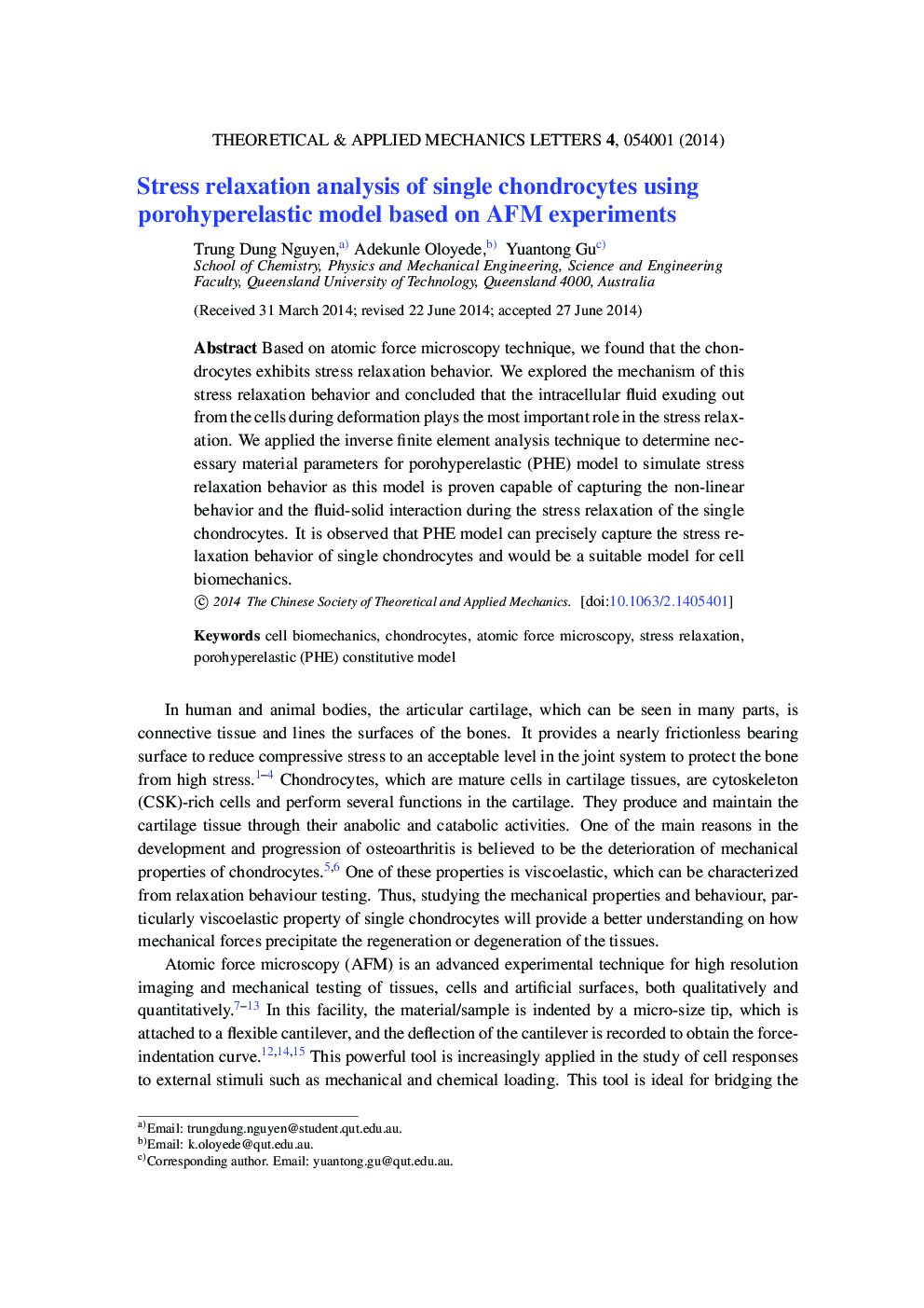 Stress relaxation analysis of single chondrocytes using porohyperelastic model based on AFM experiments