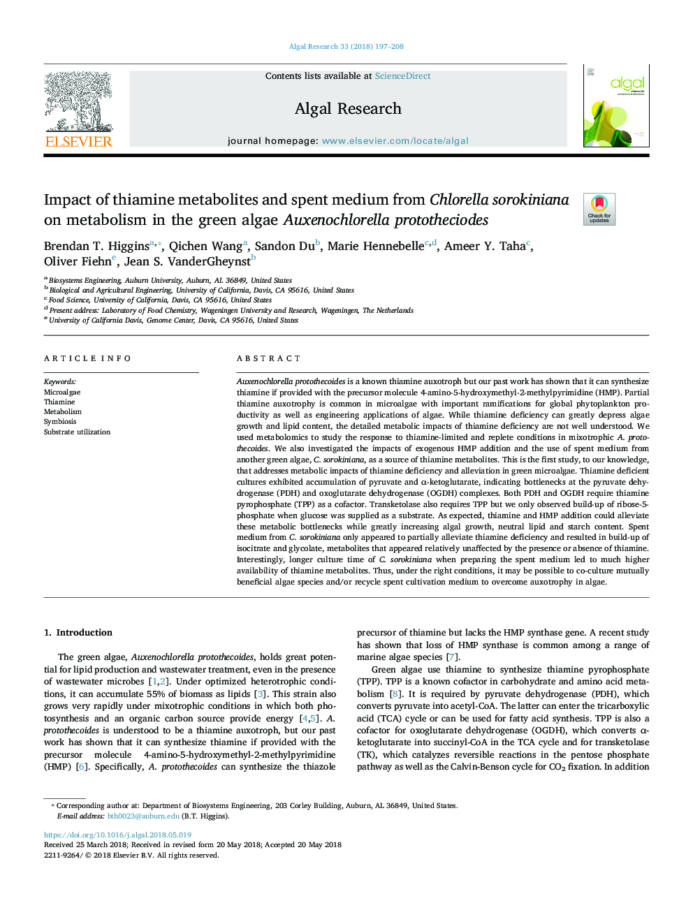 Impact of thiamine metabolites and spent medium from Chlorella sorokiniana on metabolism in the green algae Auxenochlorella prototheciodes