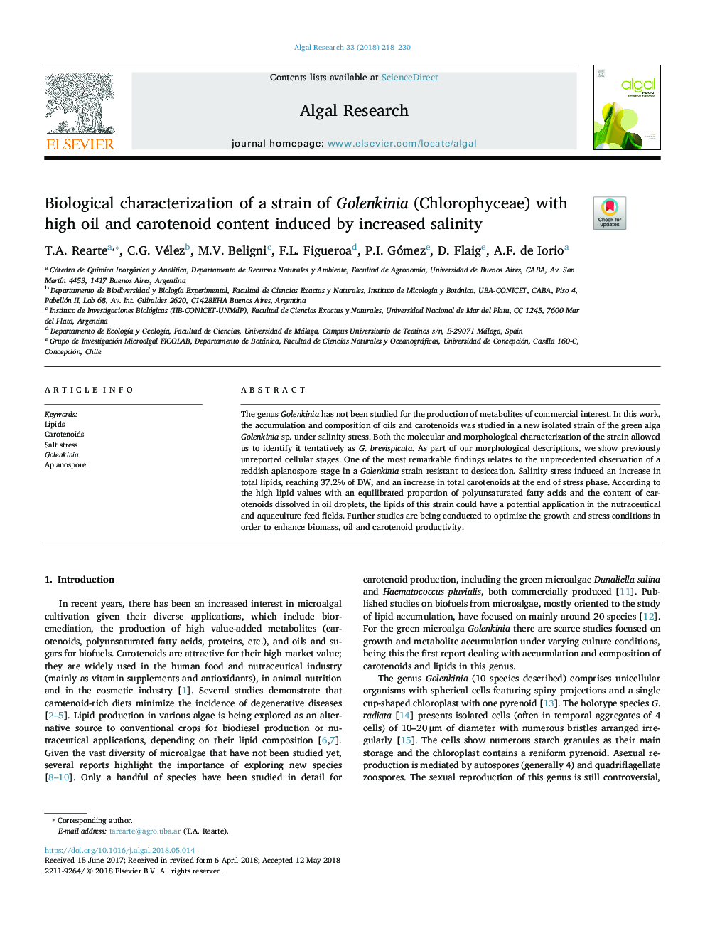 Biological characterization of a strain of Golenkinia (Chlorophyceae) with high oil and carotenoid content induced by increased salinity