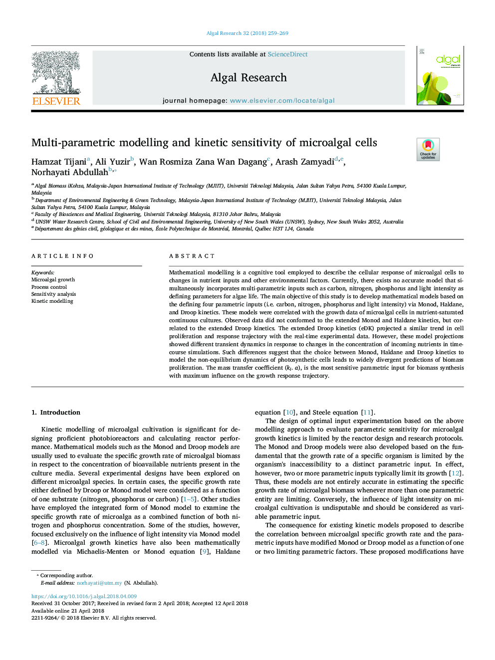 Multi-parametric modelling and kinetic sensitivity of microalgal cells