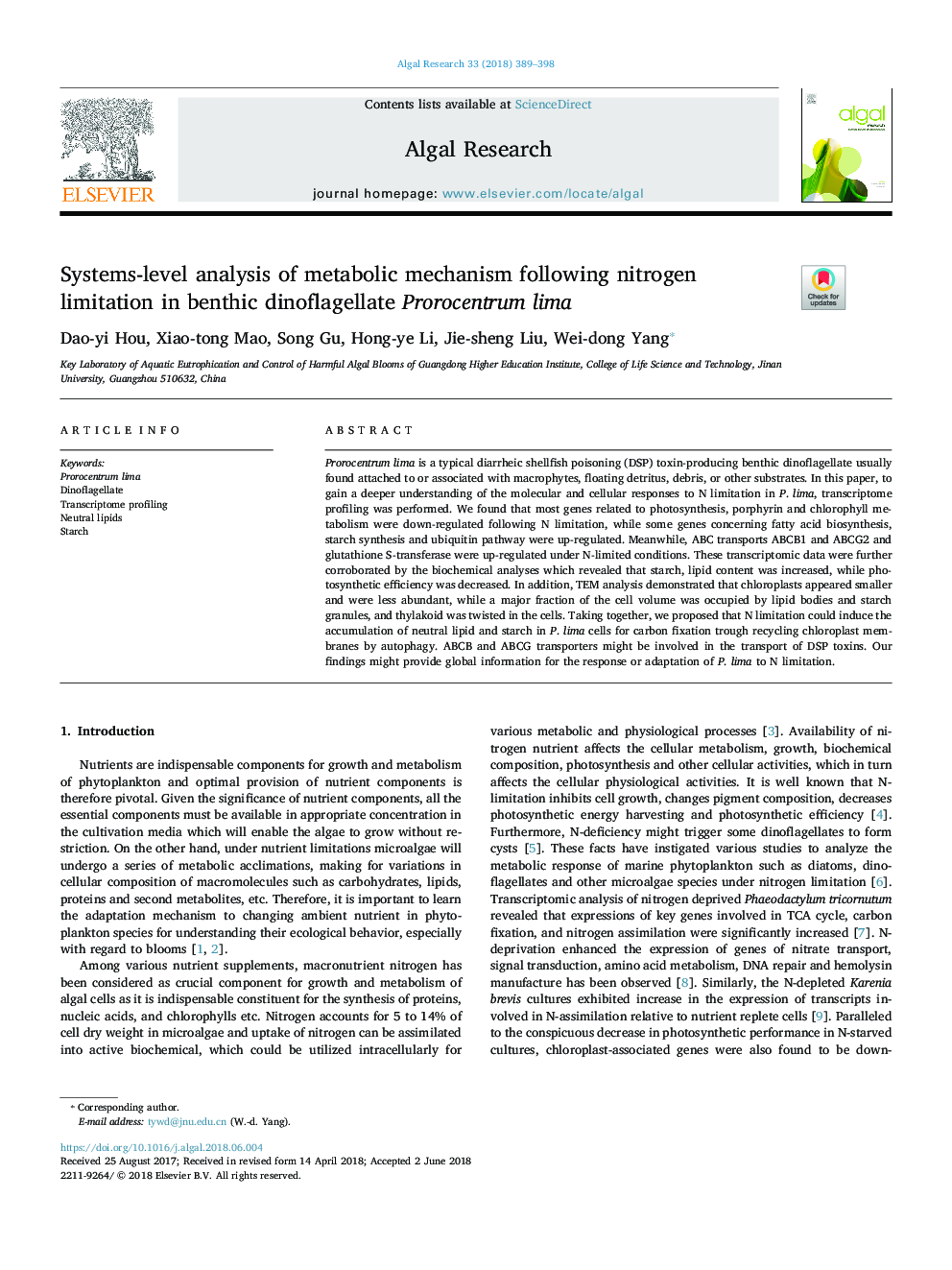 Systems-level analysis of metabolic mechanism following nitrogen limitation in benthic dinoflagellate Prorocentrum lima