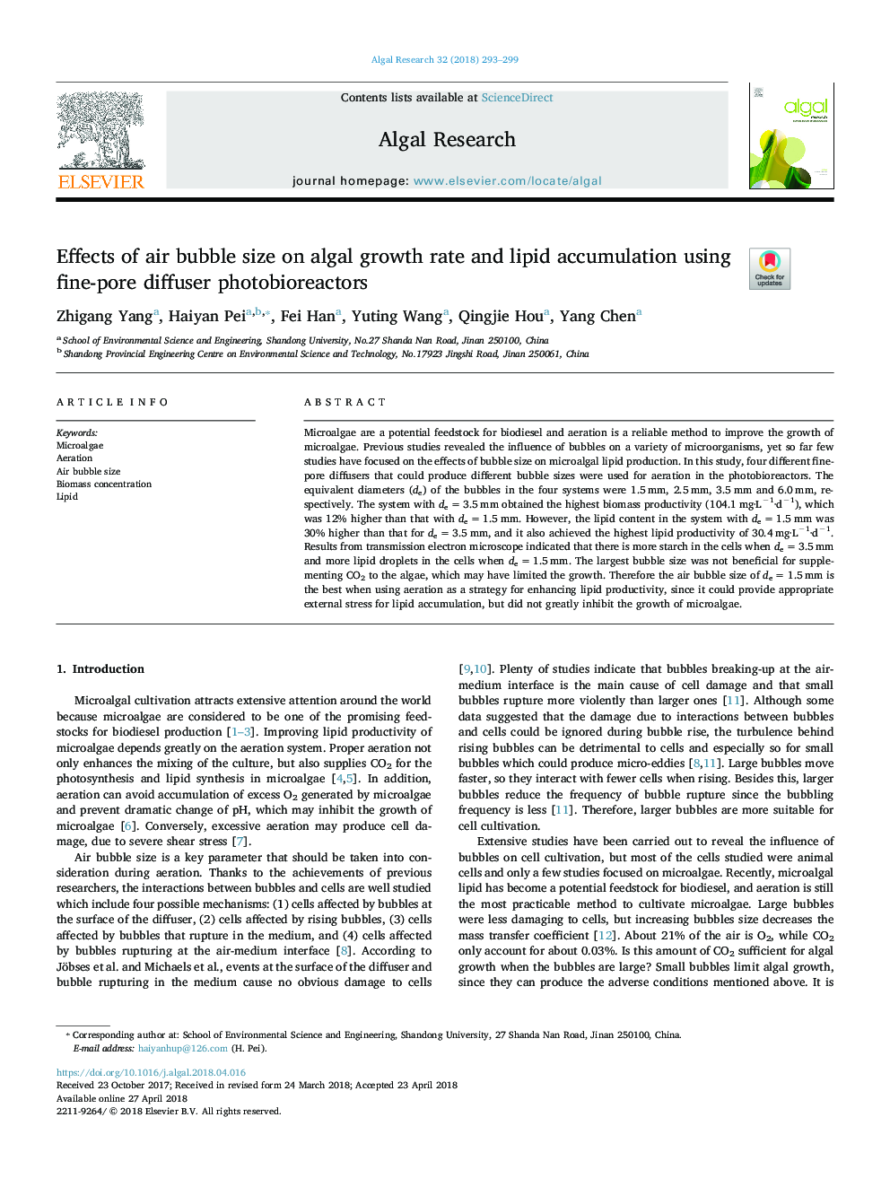 Effects of air bubble size on algal growth rate and lipid accumulation using fine-pore diffuser photobioreactors