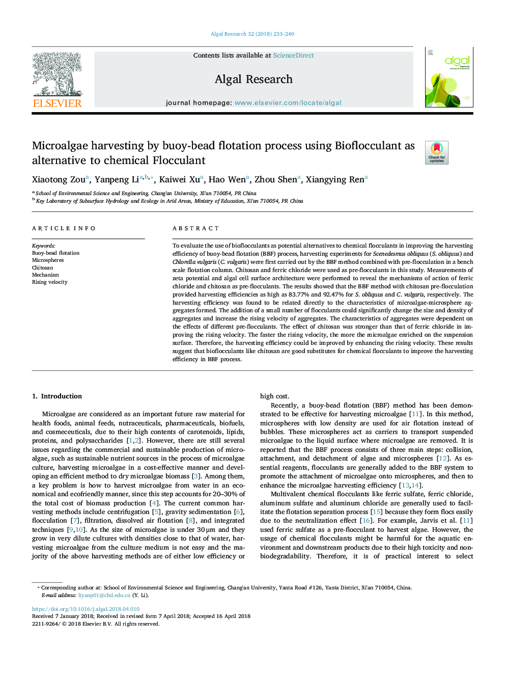 Microalgae harvesting by buoy-bead flotation process using Bioflocculant as alternative to chemical Flocculant