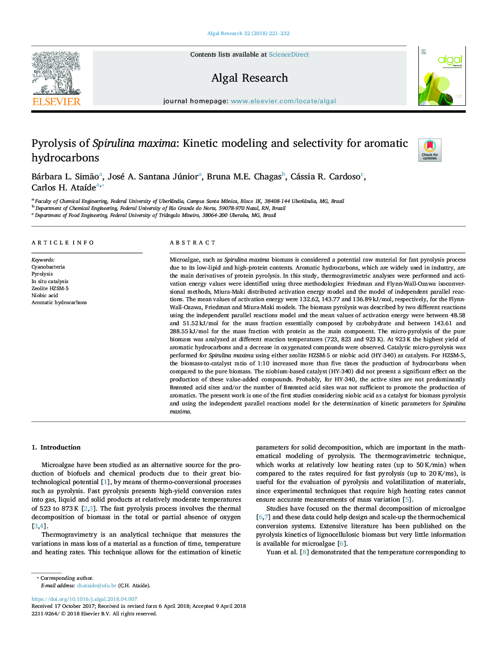 Pyrolysis of Spirulina maxima: Kinetic modeling and selectivity for aromatic hydrocarbons