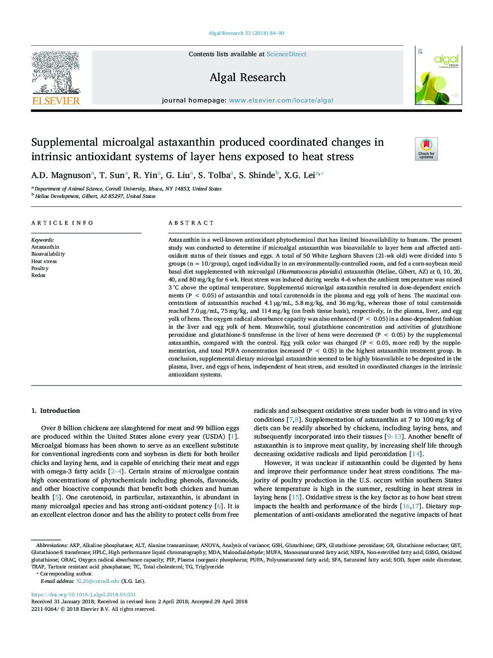 Supplemental microalgal astaxanthin produced coordinated changes in intrinsic antioxidant systems of layer hens exposed to heat stress