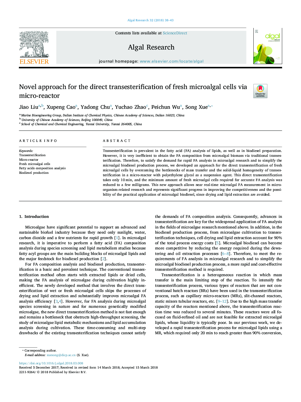 Novel approach for the direct transesterification of fresh microalgal cells via micro-reactor