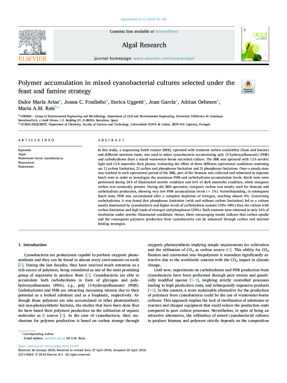 Polymer accumulation in mixed cyanobacterial cultures selected under the feast and famine strategy