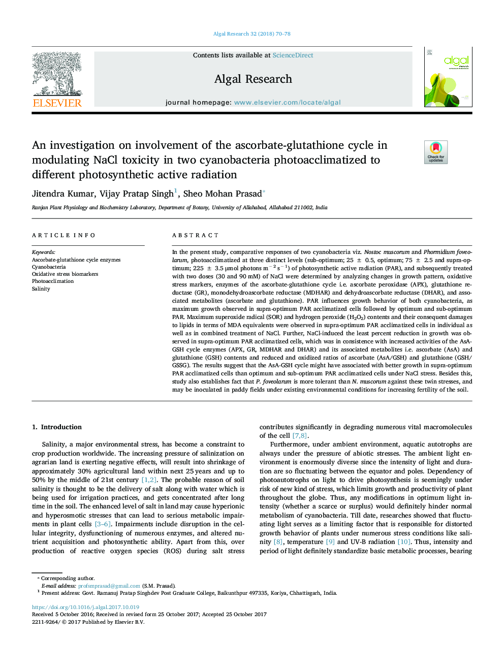 An investigation on involvement of the ascorbate-glutathione cycle in modulating NaCl toxicity in two cyanobacteria photoacclimatized to different photosynthetic active radiation