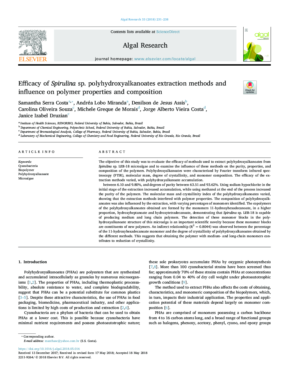Efficacy of Spirulina sp. polyhydroxyalkanoates extraction methods and influence on polymer properties and composition