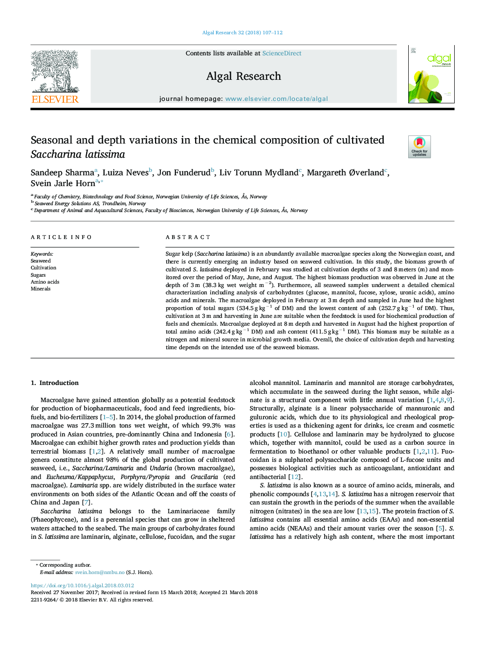 Seasonal and depth variations in the chemical composition of cultivated Saccharina latissima