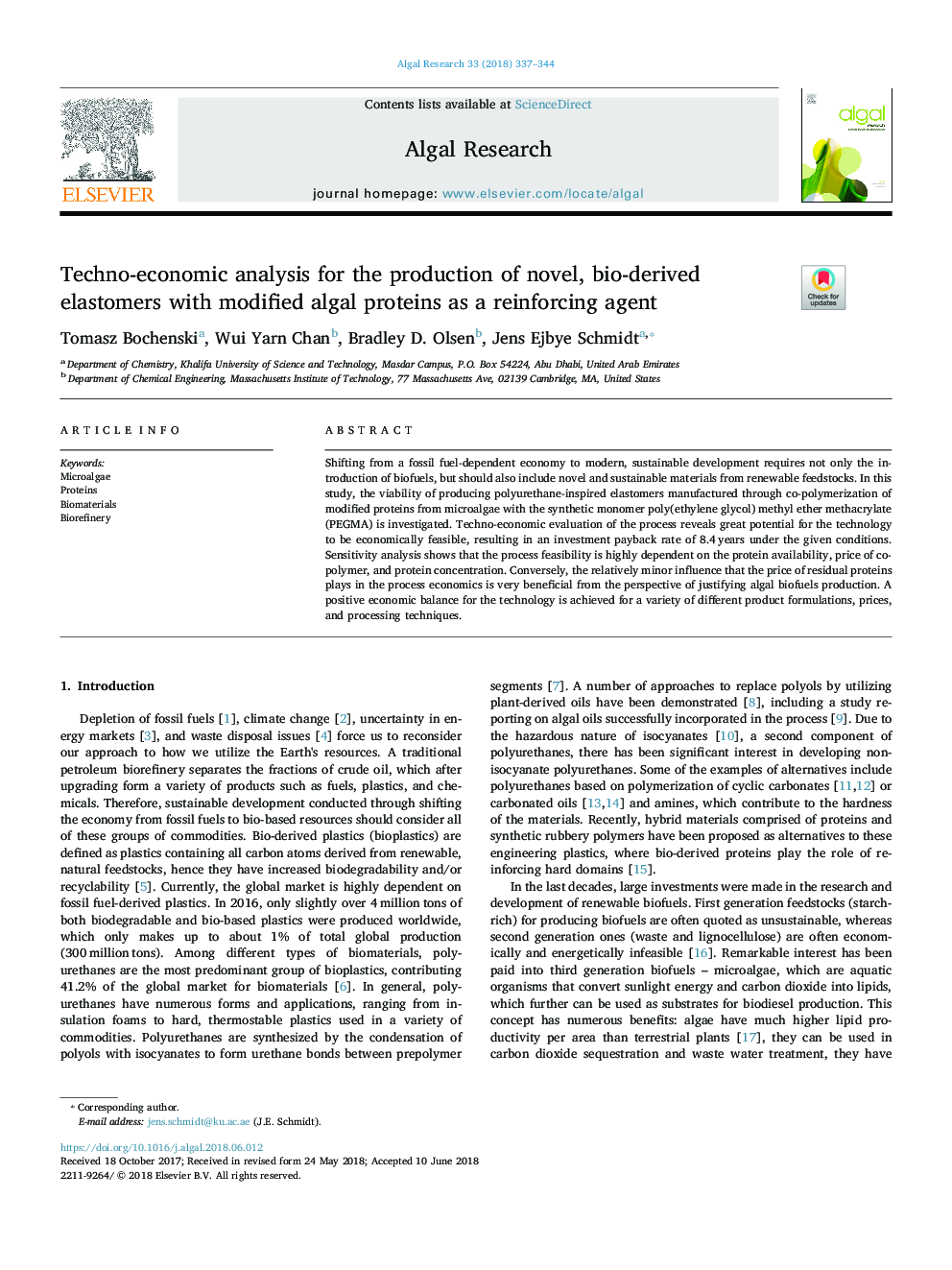 Techno-economic analysis for the production of novel, bio-derived elastomers with modified algal proteins as a reinforcing agent