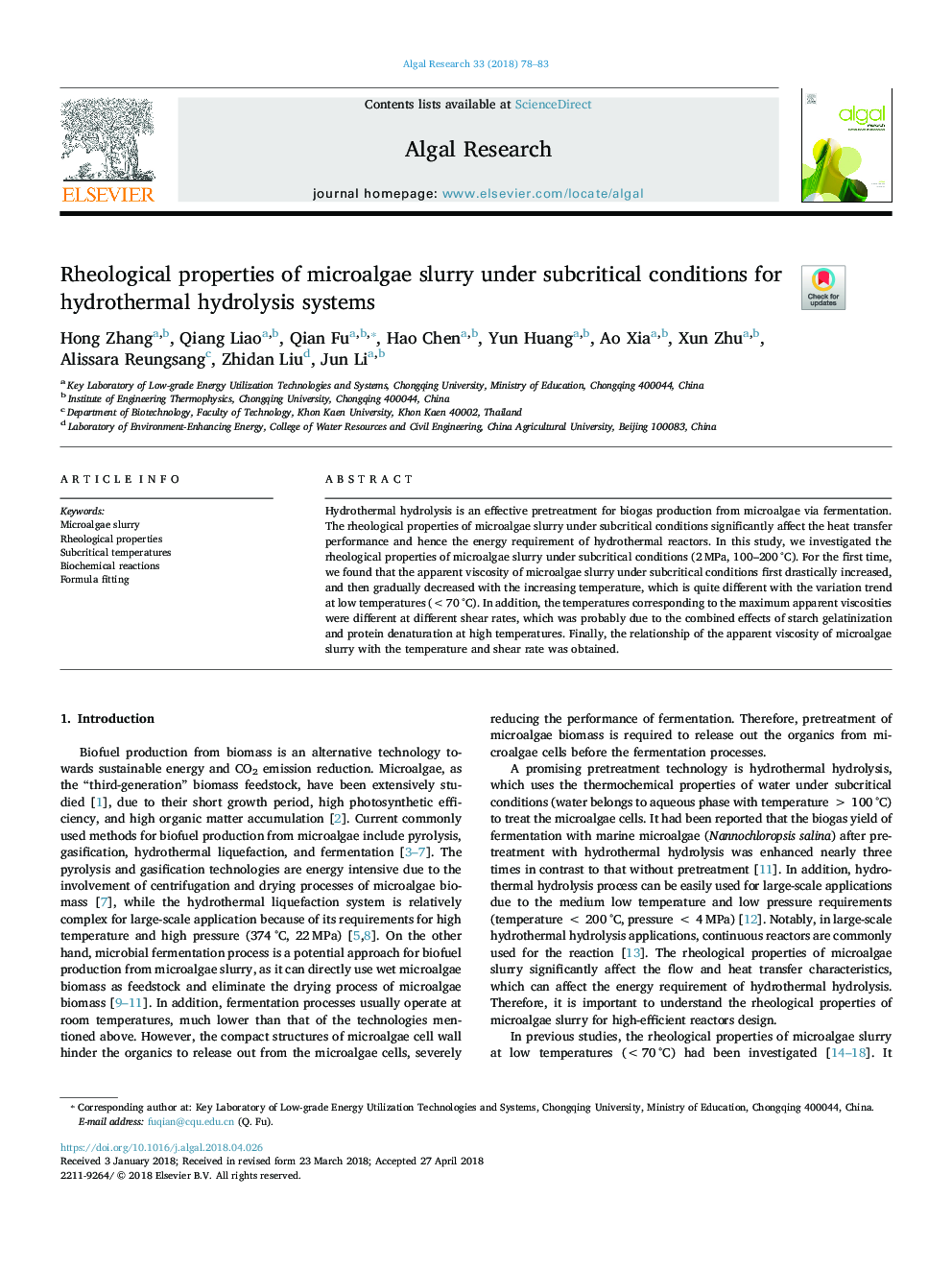 Rheological properties of microalgae slurry under subcritical conditions for hydrothermal hydrolysis systems