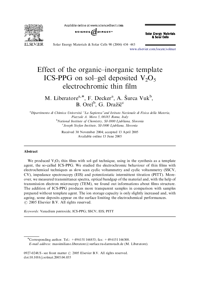 Effect of the organic–inorganic template ICS-PPG on sol–gel deposited V2O5 electrochromic thin film