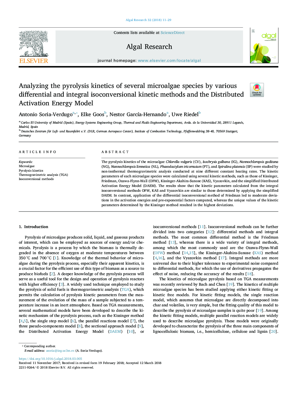Analyzing the pyrolysis kinetics of several microalgae species by various differential and integral isoconversional kinetic methods and the Distributed Activation Energy Model