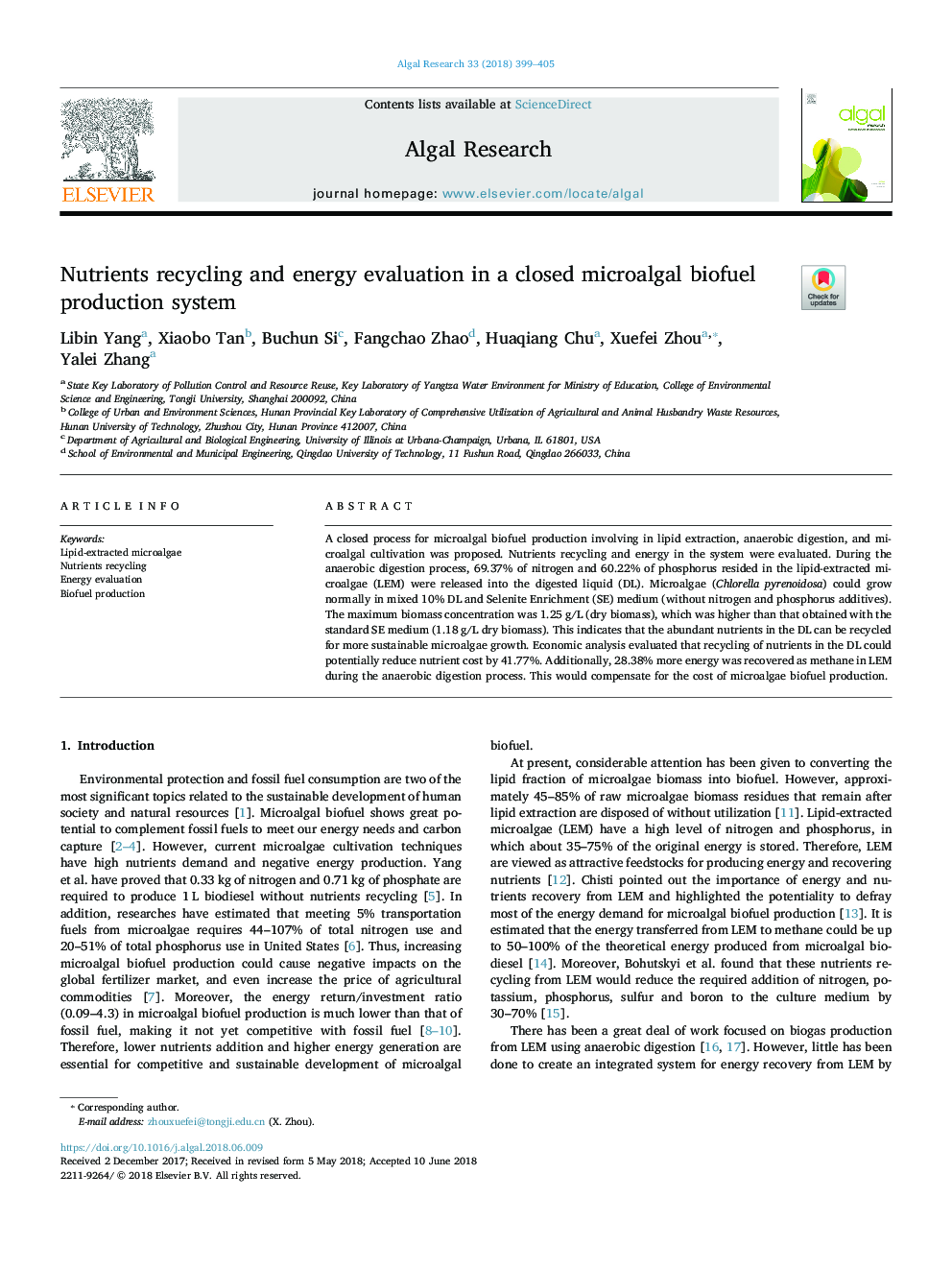 Nutrients recycling and energy evaluation in a closed microalgal biofuel production system