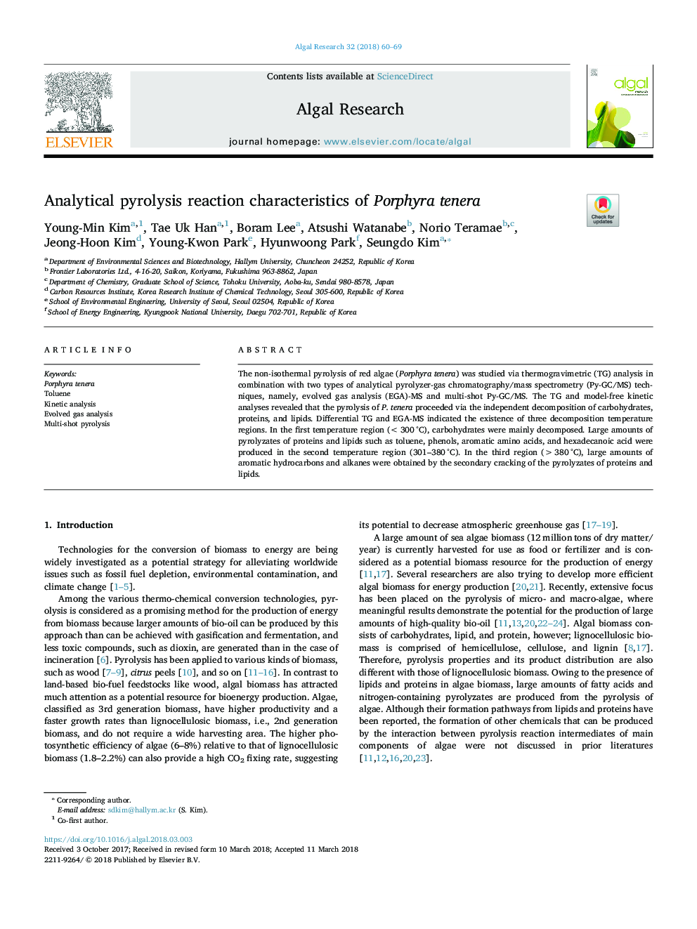 Analytical pyrolysis reaction characteristics of Porphyra tenera