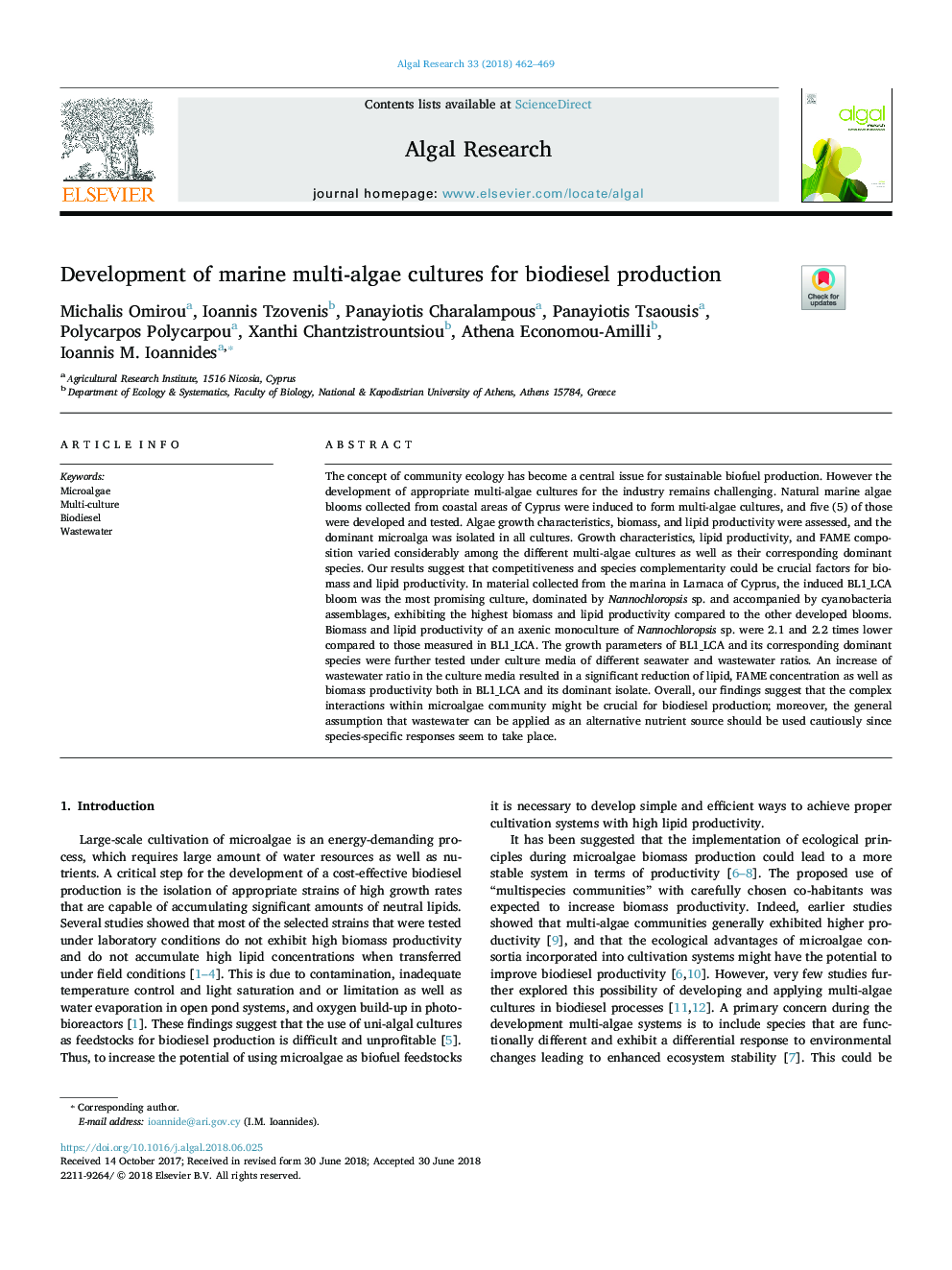 Development of marine multi-algae cultures for biodiesel production