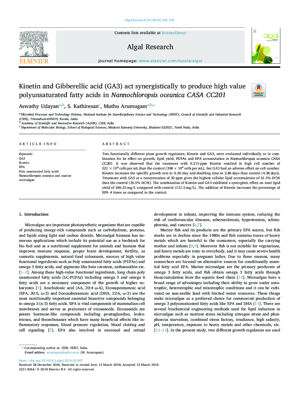 Kinetin and Gibberellic acid (GA3) act synergistically to produce high value polyunsaturated fatty acids in Nannochloropsis oceanica CASA CC201